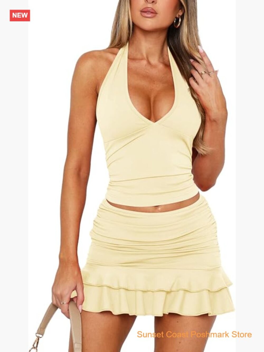 Women 2 Piece Skirt Set Sleeveless Halter Crop Top Mini Skirt Summer Going Out